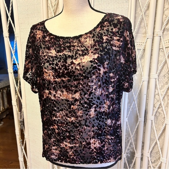 Club Monaco Top Pink Black Burnout Velvet Cheetah Print Sheer Mesh size Small - Picture 16 of 16